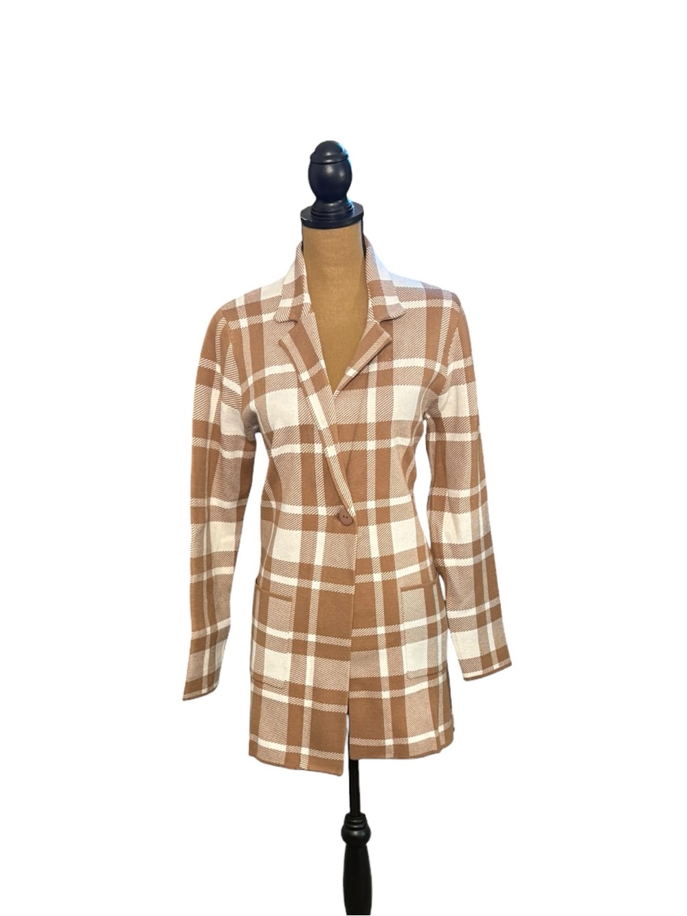 Christian Siriano Women L Plaid Knit Blazer Tan Cream Longline Preppy Office